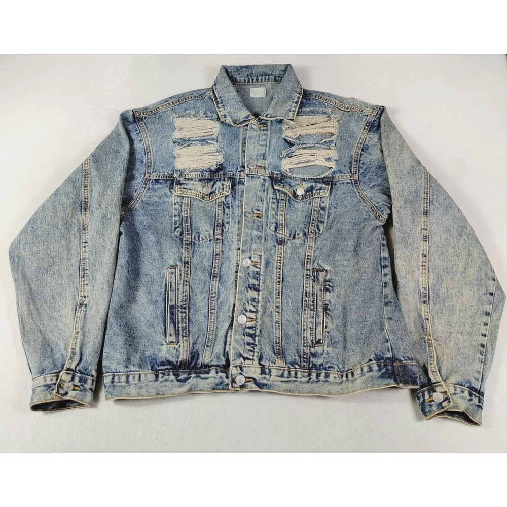 Blue Buttercup Jacket Mens Large Blue Distressed Acid Wash Denim Trucker‎ Grunge